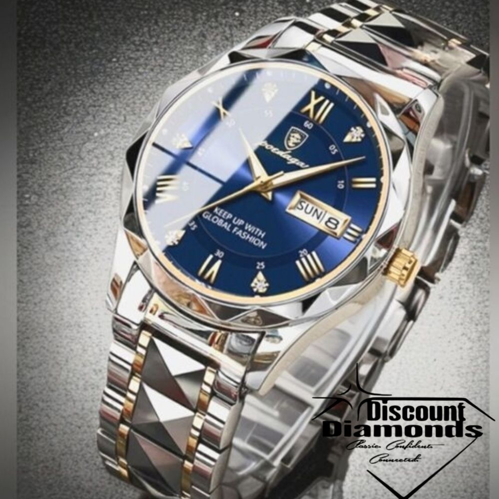 Men's Blue and Gold Poedagar Quartz Watch with Stainless Steel Band